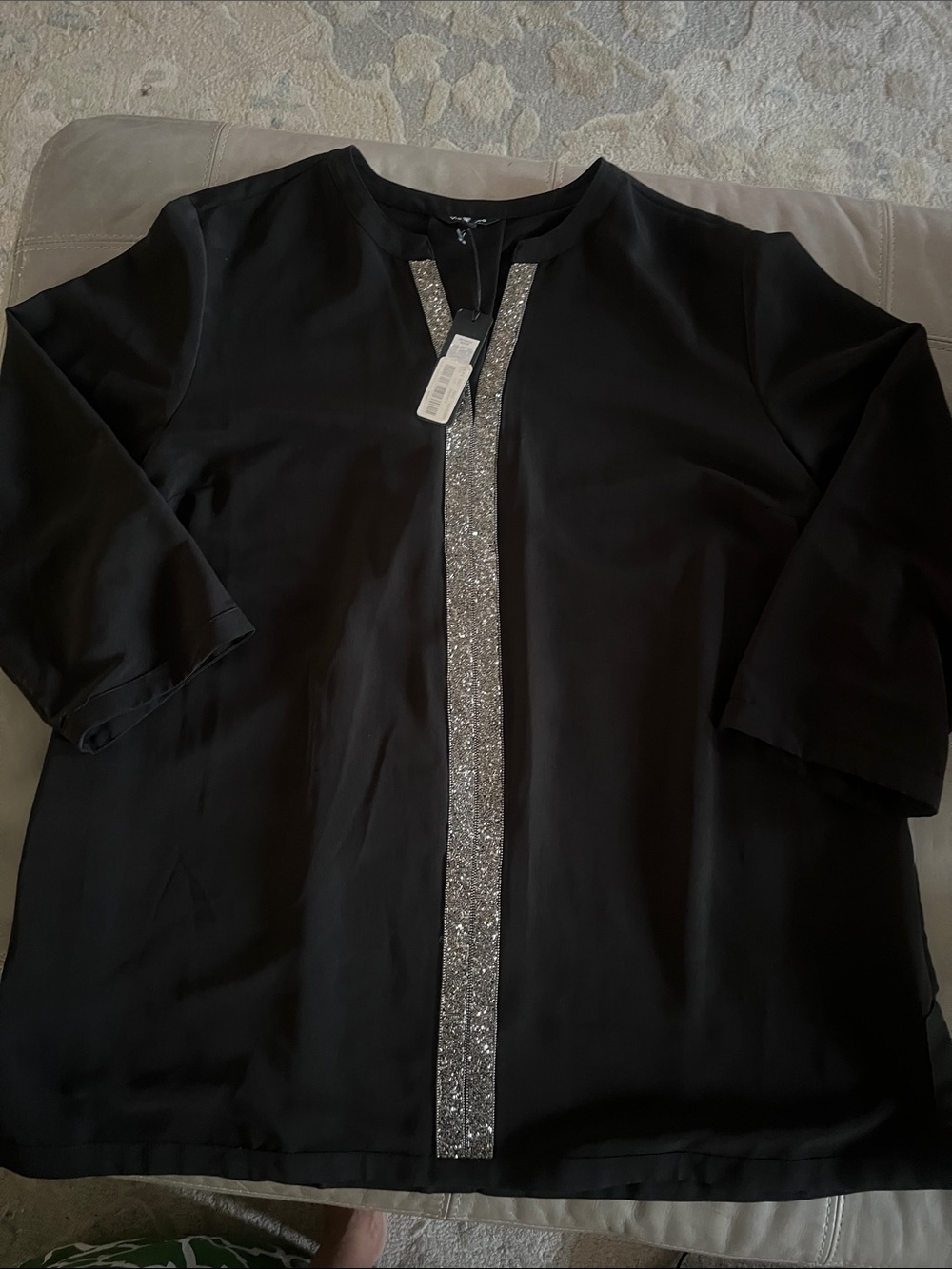 Sparkle-Trim Black Blouse with Silver Sequin Accent
